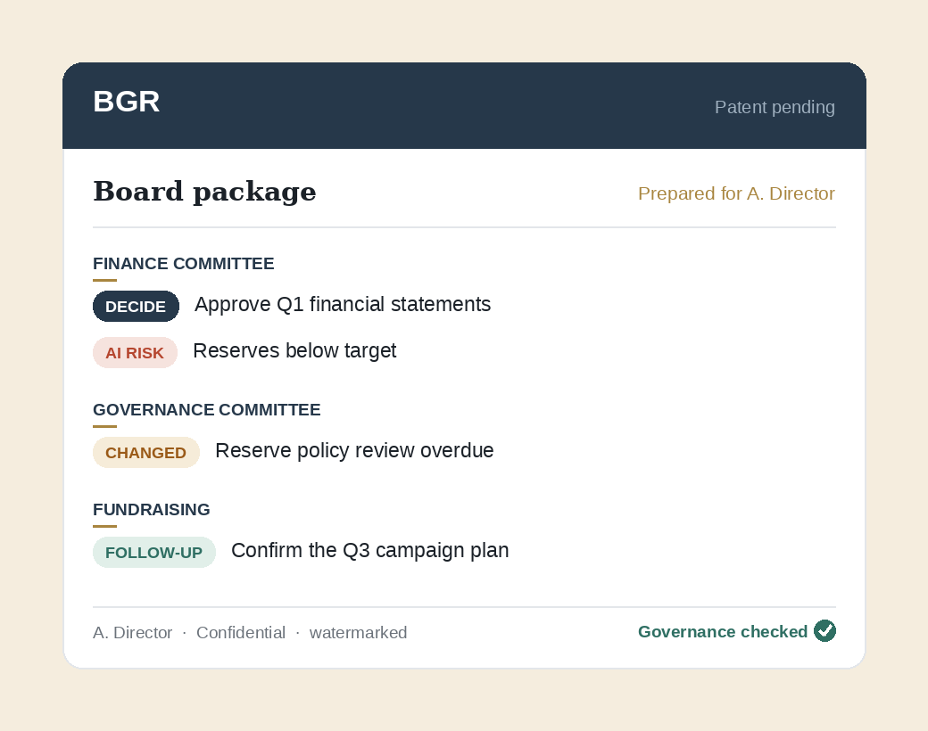A BGR director brief: a board package prepared for one director, organized by committee into decide, changed, risk and follow-up items, marked governance checked
